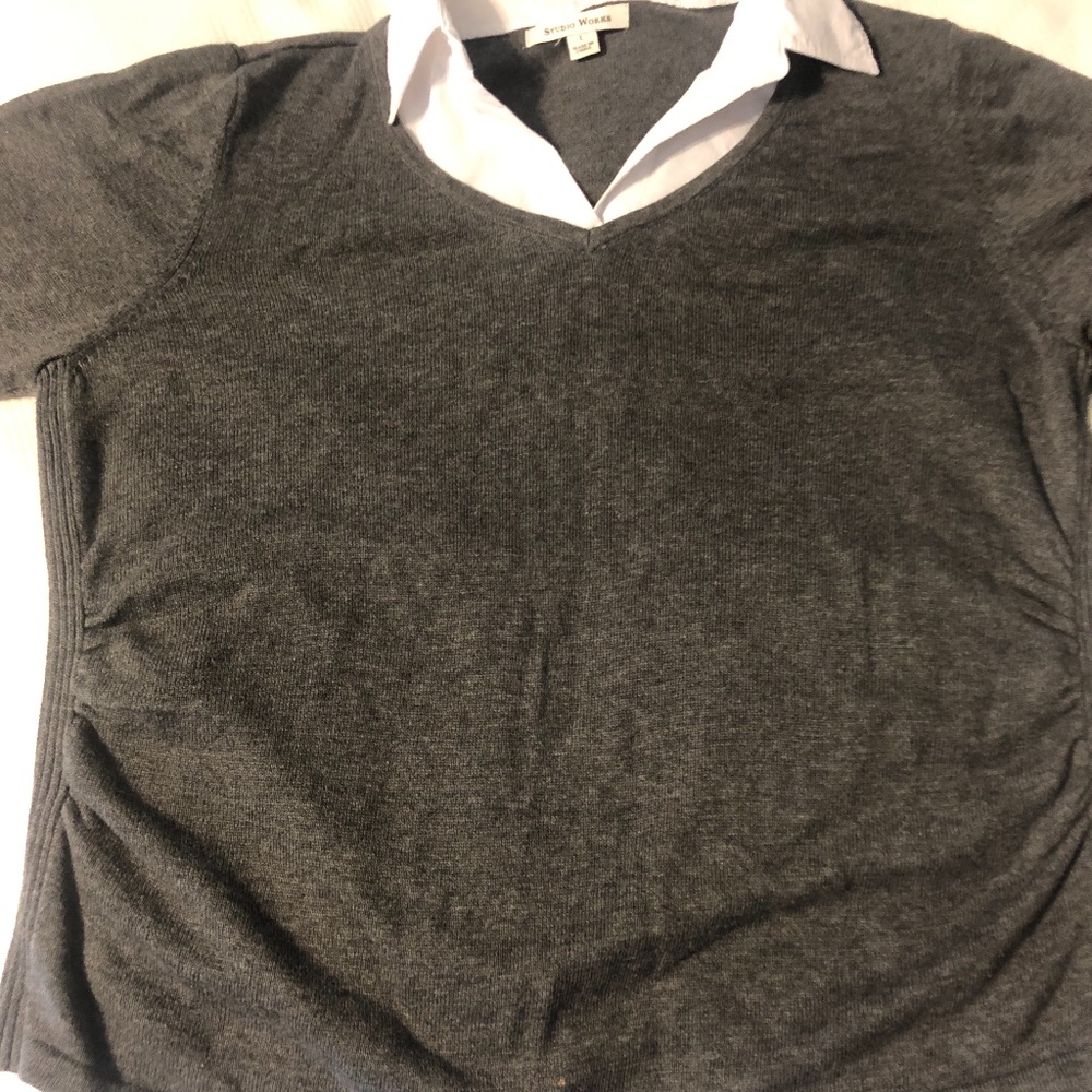 Grey sweater with white shirt collar